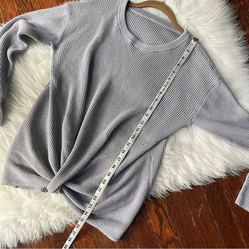 Grey Blue Waffle Knit Sweater Top Front Twist detail Size XL