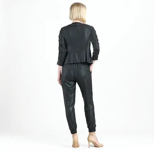 Clara Sunwoo Liquid Leather Ruched Detail Jacket Black Vegan Slim Fit Womens L Size L