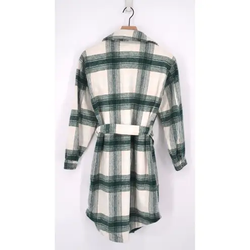 BLANK NYC  Plaid Long Belted Shirt Jacket Shacket Green White Women's XS