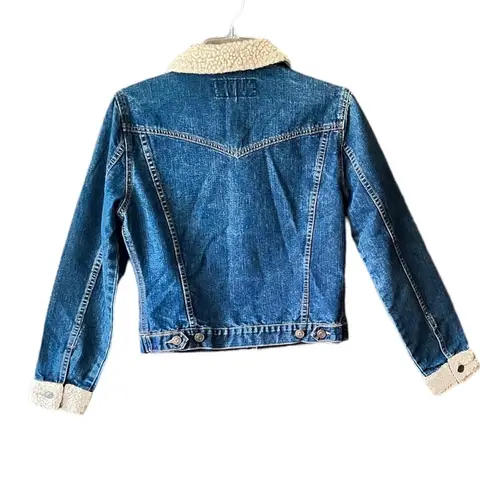 Vintage y2k Sherpa trimmed Cropped Denim Jacket. Blue Size M