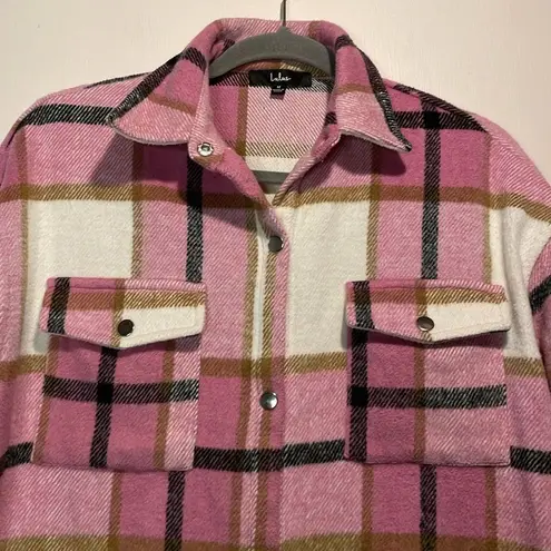 Lulus Lulu’s- “Choose Your Vibe” Pink Shacket Full Button Down Plaid Oversized- Size M