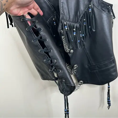 Vintage Harley Davidson Black Leather Fringe Vest Size L Biker Chic Edgy Jacket Size L
