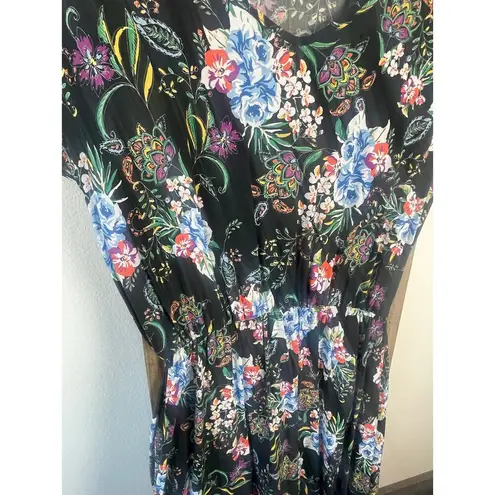 Moda Black Floral Flowy Maxi Dress Cap Sleeves Womens M Carmen Line Sundress