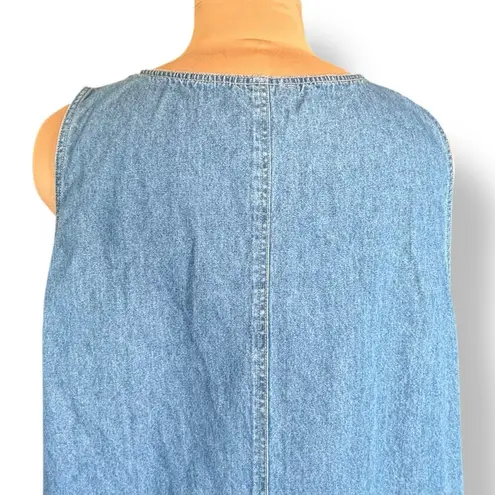 Vintage Quacker Factory Denim Jumper Midi Dress Plus 2X Yellow Floral Embroidery Blue