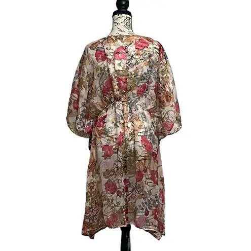 TAMSY Cream Color Flower Print Poly Chiffon Kaftan Women’s Beach Summer Boho O/s Pink Size undefined