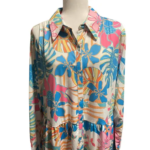 Tolani Long Sleeve Resort Knit Dress Martina XL Blue Tropical Floral NWT