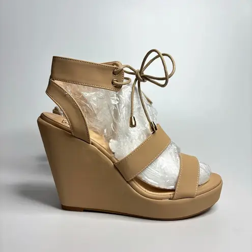 Ashley A Lisa Lace Up Ankle Strap Platform Wedge Heeled Sandals in Nude Tan Size 8.5