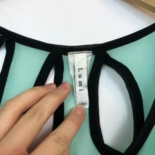 LUMI Solid Aqua Blue ish Green Black Short Sleeve Cutout Semi Sheer Blouse Top M Size M