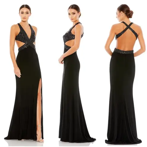 Mac Duggal NWT 68166 Size 8 Black Floral Sequined Criss Cross Bodice Gown