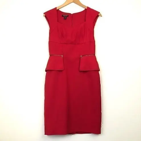 SIGNATURE LONDON STYLE Solid Bright Red Square Neck Knee Length Sheath Dress 4