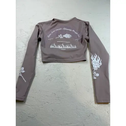 Civil Regime Long Sleeve Crop Top Roses Flames Graphic Designed in LA Small Brown
