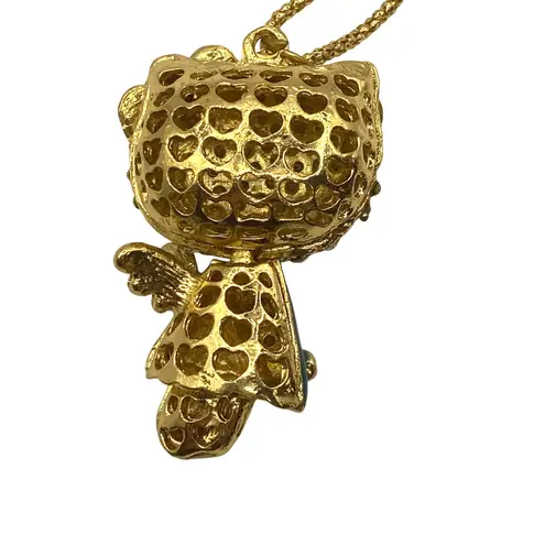 Kawaii Rhinestone Cat Pendant Necklace Blue Dress Yellow Bow Sparkly Cute Gold