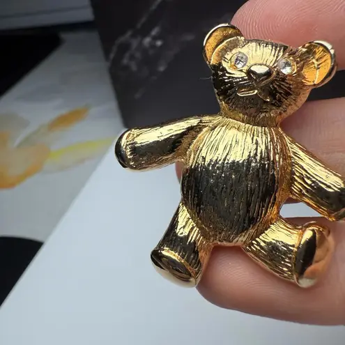 Teddy Bear Rhinestone Brooch Pin Gold Tone Signed Aai