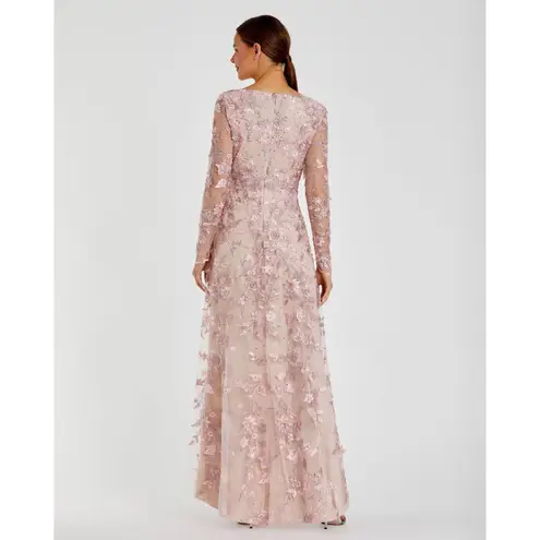Mac Duggal 70224 Rose Pink Floral Applique Long Sleeve Illusion Gown Size 8 NWT