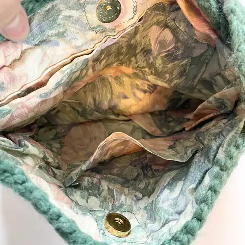 Crochet Tote Bag Green Floral Lined Handmade Shoulder Bag Purse Grannycore Boho