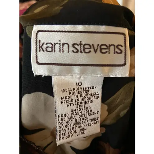Karin Stevens Womens Blouse 10 Black Brown Vintage Floral Print Shoulder Pads