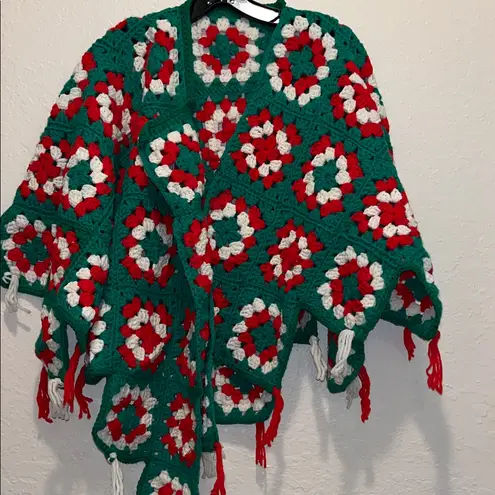 Vintage handmade Granny Square Green and Red Crochet Shawl