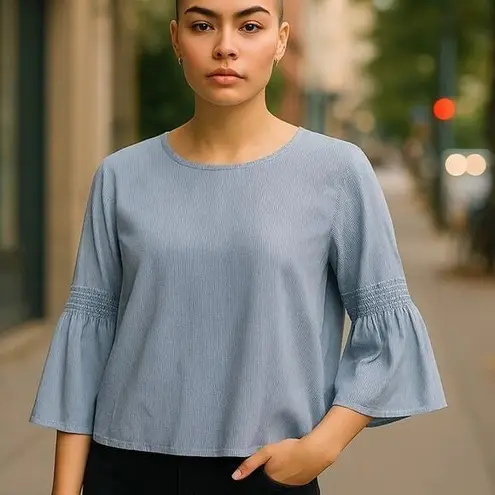 Falls Creek Crisp Cotton Blue & White Pinstripe Peasant Blouse ~ Plus Size 3X