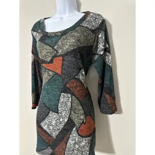VISION USA Women Geometric Patchwork Print Long Sleeve Scoop Neck Top Dress M Orange Size M