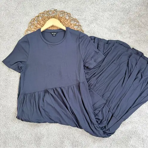 NWOT Saint+Sofia Greenwich Asymmetric Short Sleeve Maxi Dress Flowy Navy Blue Size 10