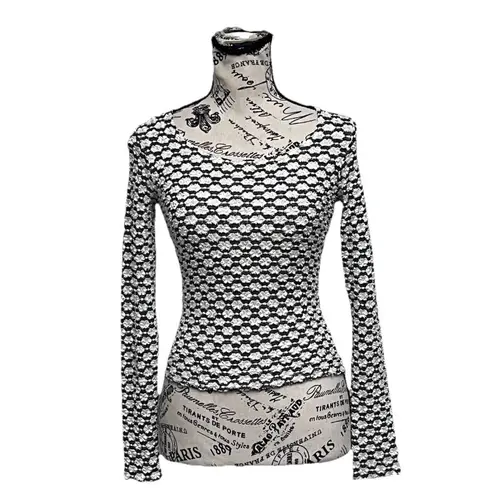 Vintage Y2K Black White Textured Daisy Knit Long Sleeve Fitted Top S Stretch