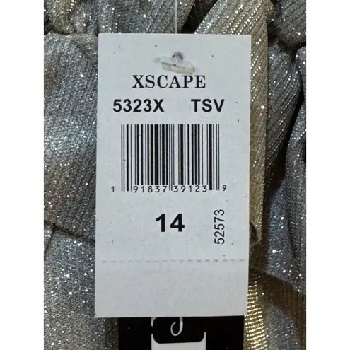 XScape Women's Off the Shoulder Ruffle Metallic Glitter Gown has Pockets size 14