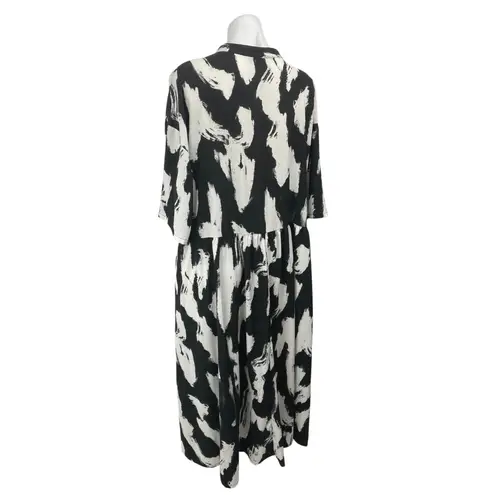 MONKL Black White Short Sleeve Abstract Button Front Maxi Shirt Dress Size XL