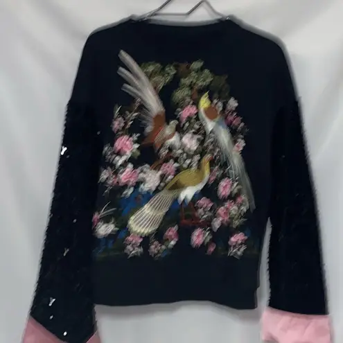 Embroidered Bird and Floral Sweatshirt LONG BLACK SEQUINED SLEEVES Pink Cuffs Size XL