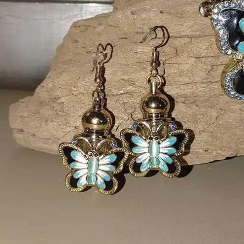 Perfume Butterfly Statement Jewelry Set Necklace Earring Ring Enamel Detailing Blue