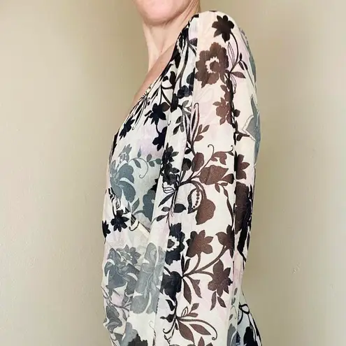 Karen Kane Sheer Burnout Black & Ivory Floral Flare Sleeve Blouse