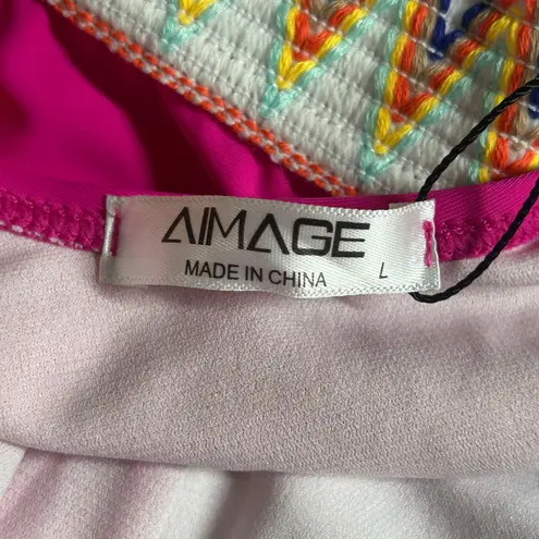 Aimage Women's High Waist Two Piece Bikini Set Aztec Swimsuit Pink L Large NEW