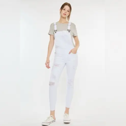 KanCan Women’s White Distressed Adjustable Stretch Overalls Size Medium