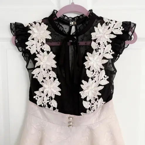 Japanese Kawaii Gyaru Black Pinkl Flower Lace Polka Dot Ruffle Mini Dress