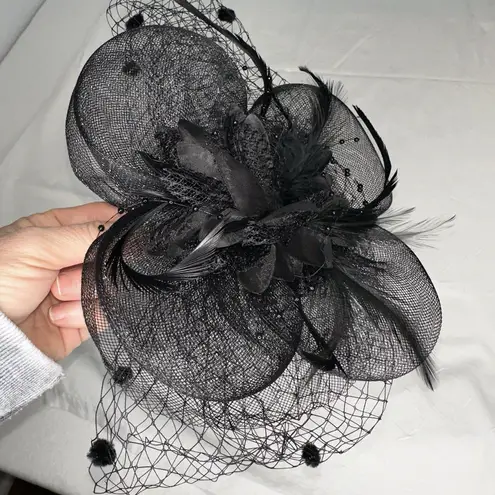 Black Feather Mesh Fascinator Veil Hat Clip Band Wedding Tea Cocktail Party Black