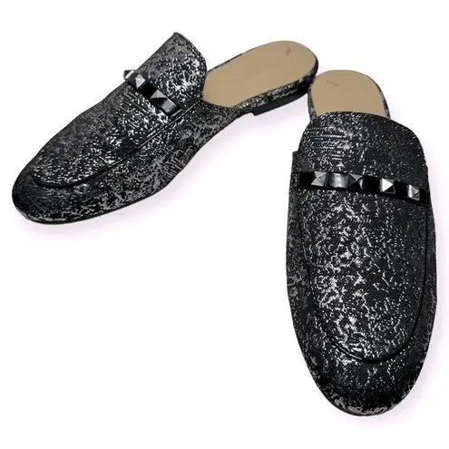 Marc Fisher  Women’s Size 8 Black Silver Foil Wishing Studded Slides Mules Shoes