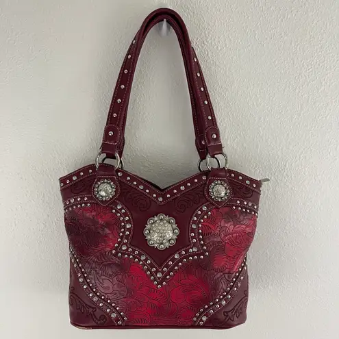 American Bling Y2K Red Burgundy Faux Tooled Leather Western Studded Shoulder Bag
