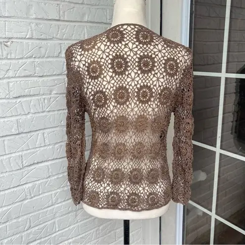 Carmen Marc Valvo Women's Handmade Crochet Beaded Cardigan Tan Size S