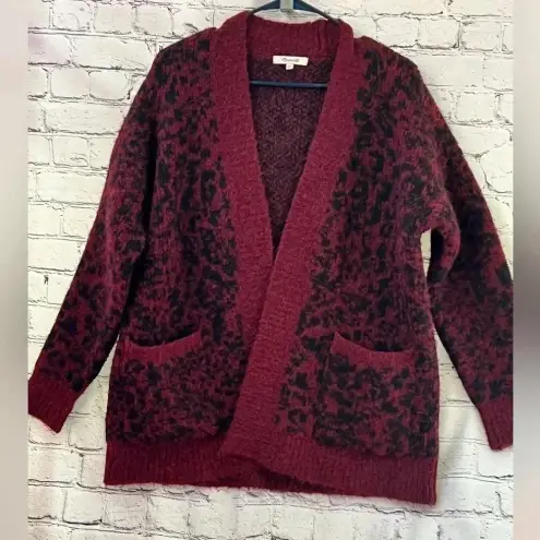 Madewell  Alpaca Merino Wool Burgundy Animal Print‎ Open Front Cardigan Oversized