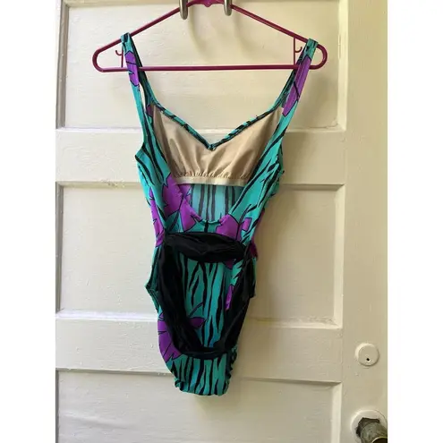Vintage Rose Marie Reid Retro Green Black Purple Floral Swimsuit USA Made 10