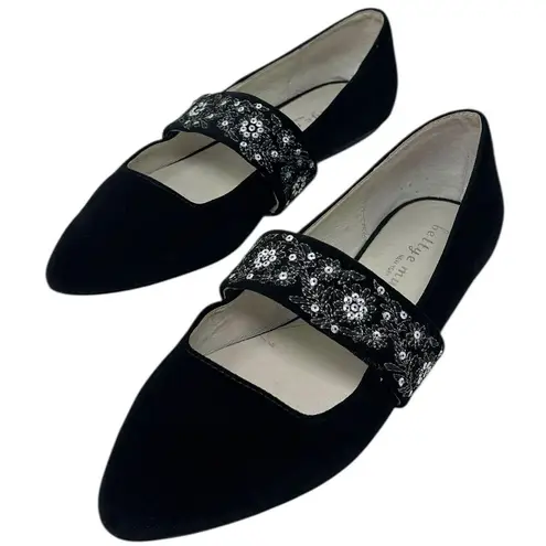 Bettye Muller Black Velvet Pointed Toe Flats Sequins Floral Embroidery Womens 7M