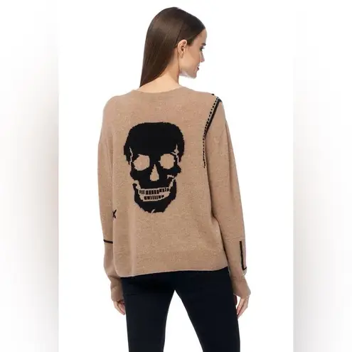 360 Cashmere Skull Sweater Tan Black Graphic Crewneck Pullover Size Small