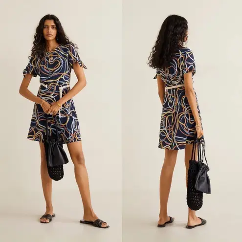 Mango  Scarf Print Crepe Mini Dress MNG Scarf Pattern Navy Size 2 NWT