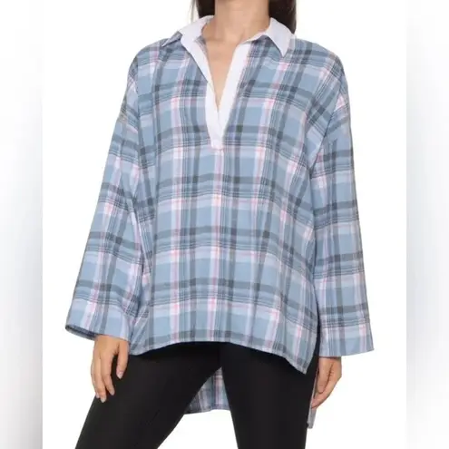 FP Sunday morning, sleep shirt, light blue flannel pop over polo collared top S