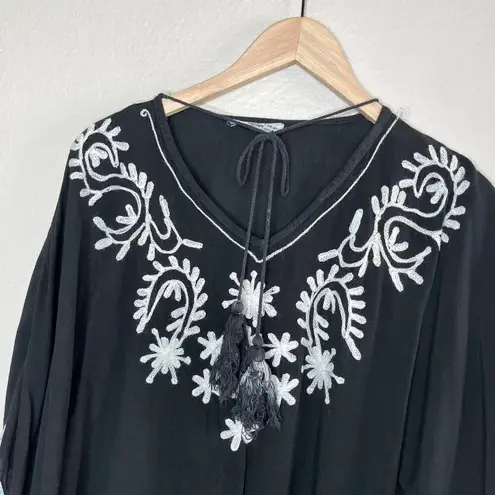 Salty Lemon Black Embroidered Boho Poncho Tunic Tassel Tie Top OS