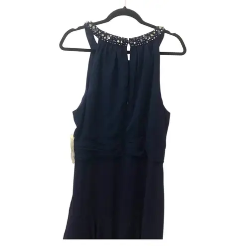 Eliza J Beaded Halter Tiered Chiffon Gown 18 Navy