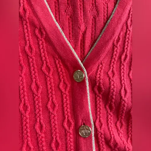 Brooks Brothers Cardigan Womens XL Coral Cable Knit Metallic Trim Gold Button
