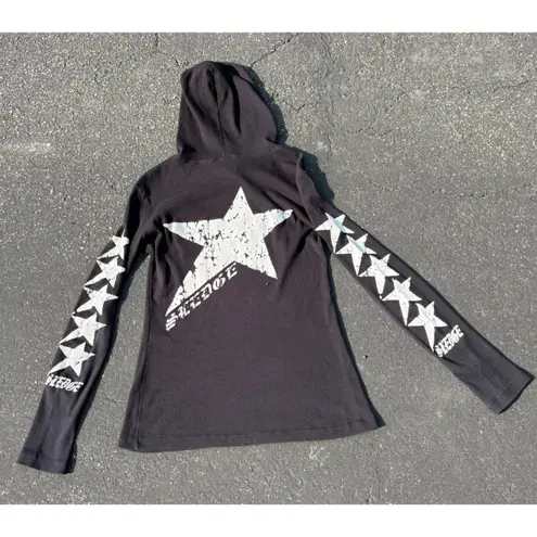 Sledge USA Star Print Hoodie Long Sleeve Top Ribbed Knit Black Large