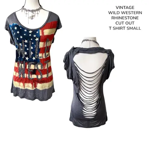 VTG. WESTERN RHINESTONE WILD WEST CUT OUT T SHIRT SMALL Blue