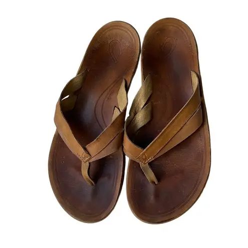 Olukai  Kaekae Tan Brown Leather Flip Flop Sandals Size 8.5-9