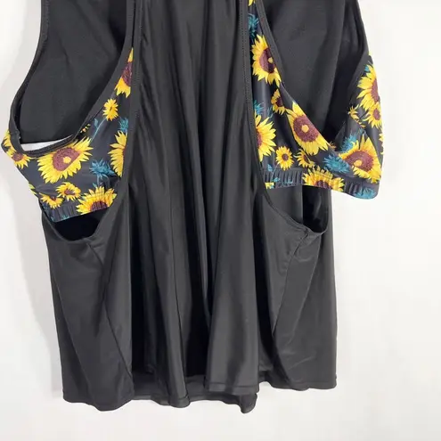 Plus Size 4XL Giselle Light Built In Bra Swing Tank Sunflower Print Black 397